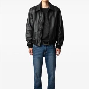 NWT Zadig & Voltaire Black Mate Padded Grained Leather Biker Jacket